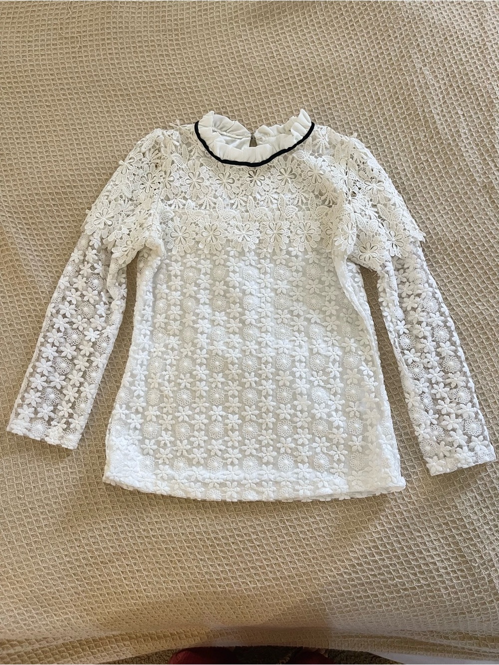 Ruffled mock neck Victorian coquette lace crochet white top